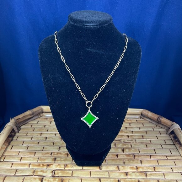 Gold Chain Necklace With Green Diamond-Shaped Pendant & Rhinestones - Picture 1 of 2